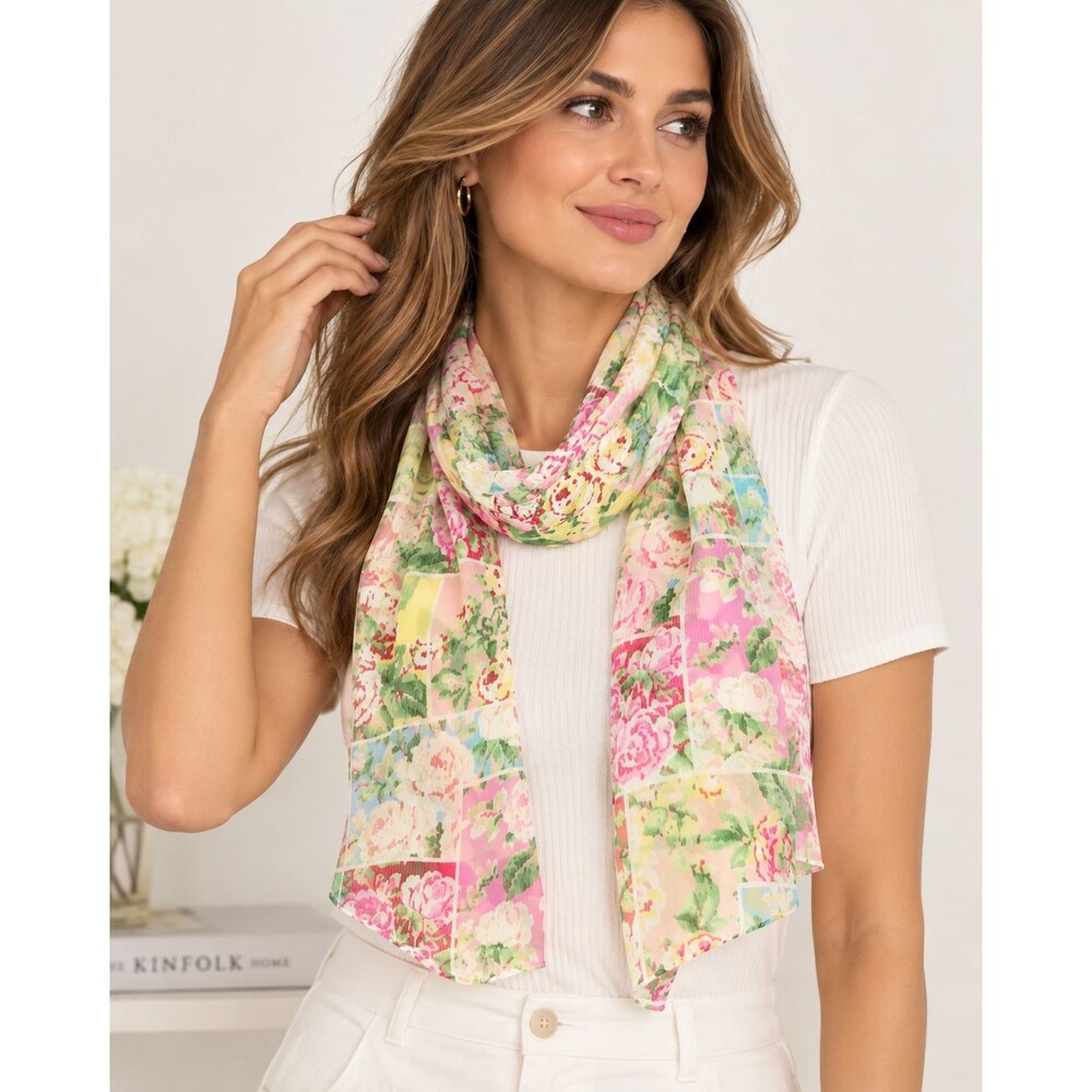 Echo Women's Sparkle Floral Patch Oblong Silk Scarf Lightweight Multicolor